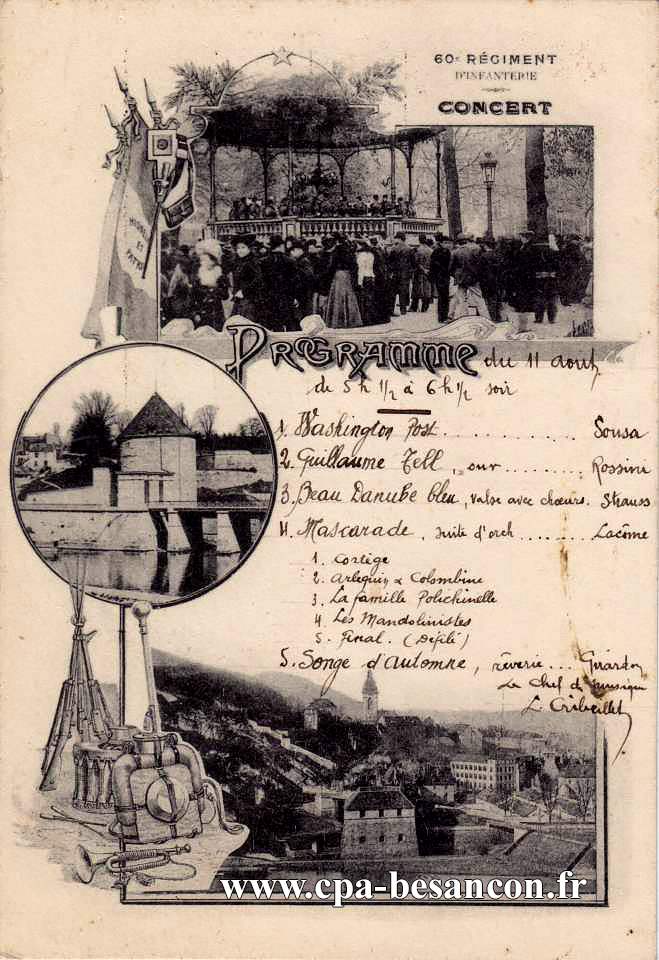60e RÉGIMENT D'INFANTERIE CONCERT - Programme 11 août de 5 h 1/2 à 6 h 1/2 soir